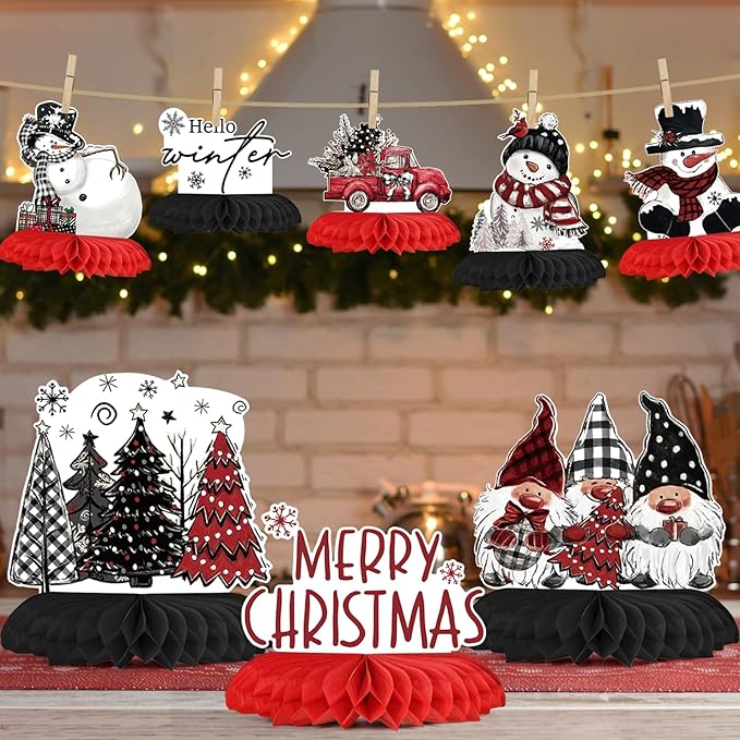 Horaldaily 9PCS Christmas Party Table Decoration Centerpieces, Merry Christmas Snowman Gnome Truck Honeycomb Centerpieces Table Toppers for Christmas Themed Birthday Party