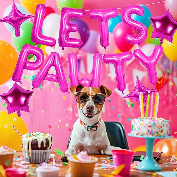 Lets Pawty Balloons Banner 16 Inch,Hot Pink Dog Birthday Decorations with 4pcs 10 Inch Star Balloons,Paw Foil Letter Balloon for Dogs Paw Pet Puppy Theme Party Supplies