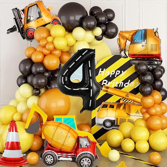 14pcs Construction Theme Birthday Party Decorations, Number 4 Large Construction Truck Traffic Cones Foil Balloon, 4th Boy Birthday Party Decoration Supplies (4th)