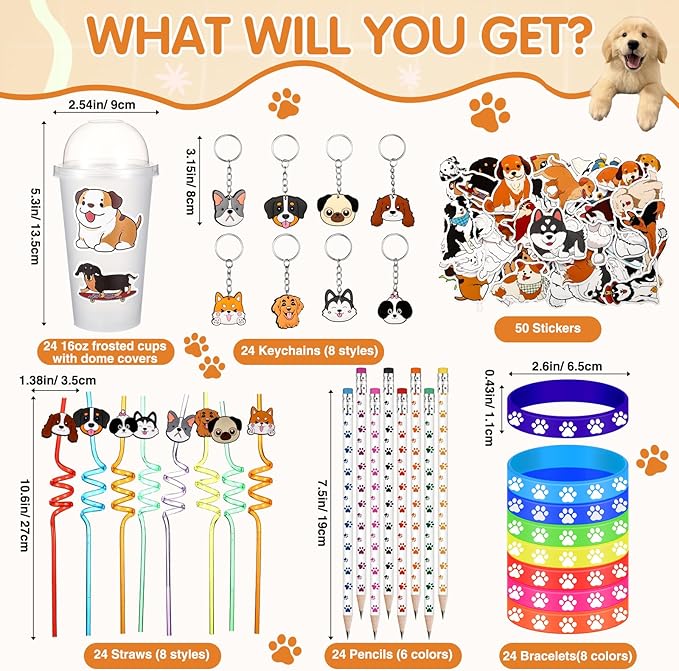 194 Pcs Dog Party Favors Goody Cup Fillers, Dog Birthday Party Decorations Straws Keychains Pencils Bracelets for 100th Day of School Puppy Parties Supplies, Goodie Bag Supplies