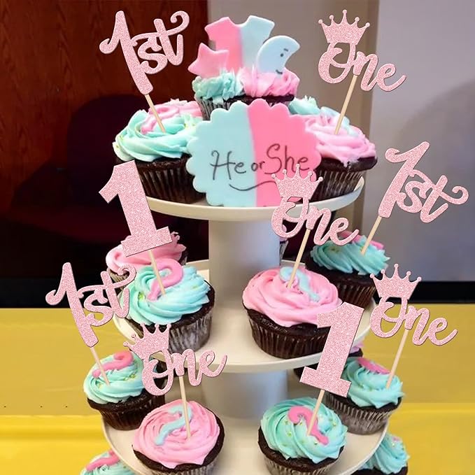 Wild One 24 PCS Glitter Cupcake Toppers - 1st Birthday Crowns & Decorations for Kids Party, Boho Theme, Light Pink