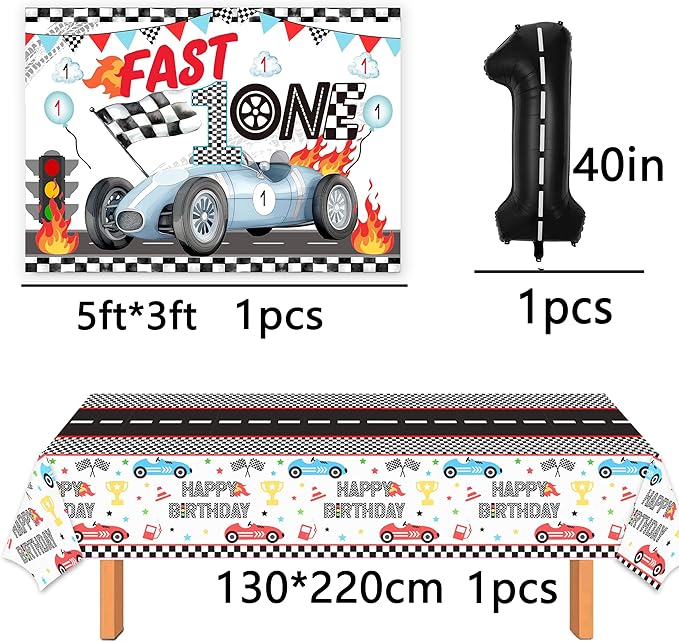 Fast One Race Car Birthday Decorations for Boys - 1st Birthday Set With Photo Banner and Balloon Box
