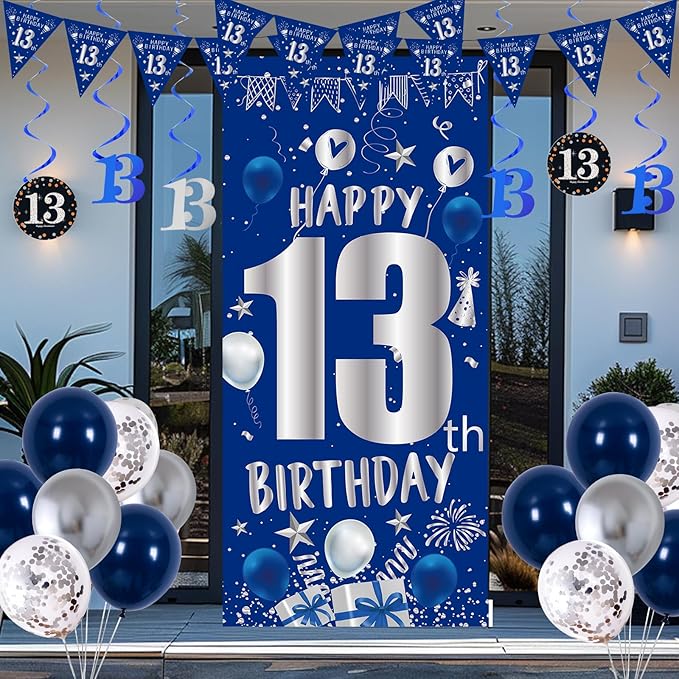 13th Birthday Decorations for Boys Girls, Blue Silver 13th Birthday Decorations Backdrop with Happy 13th Birthday Banner, Number 13 Hanging Swirls, Triangle Flag, 13 Years Old Birthday Party Supplies