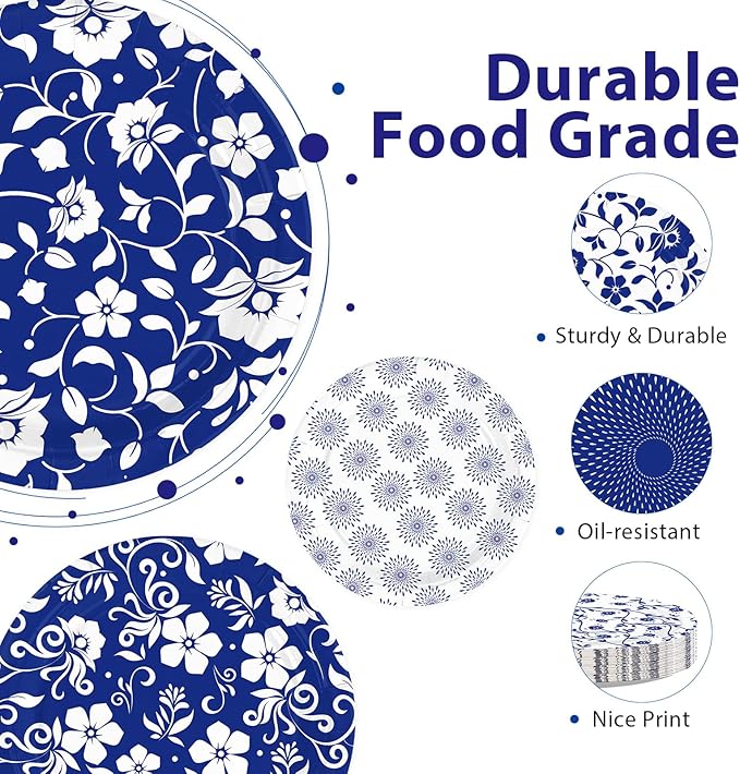 60Pcs Blue and White Floral Party Paper Plates 9 Inch Disposable Heavy Duty Blue White Vintage Flowers Dessert Plates Chinoiserie Porcelain Decorations for Wedding Spring Birthday Party Supplies