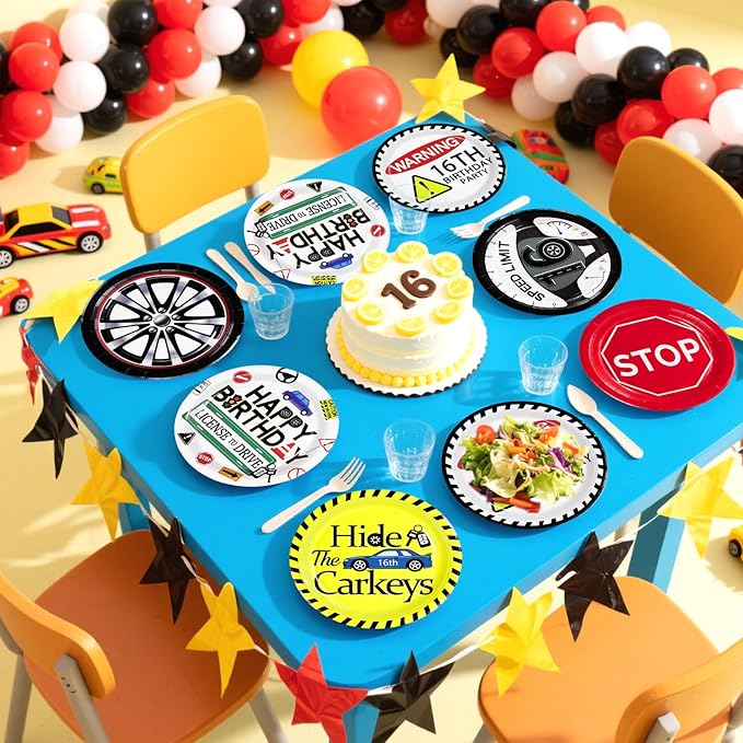 Grencian 60Pcs Drivers License 16th Birthday Paper Plates 9" Large Heavy Duty Car Themed Road Platters Colors New Driver Dessert Plates for Boys Teens 16 Years Old Birthday Cars Party Decorations