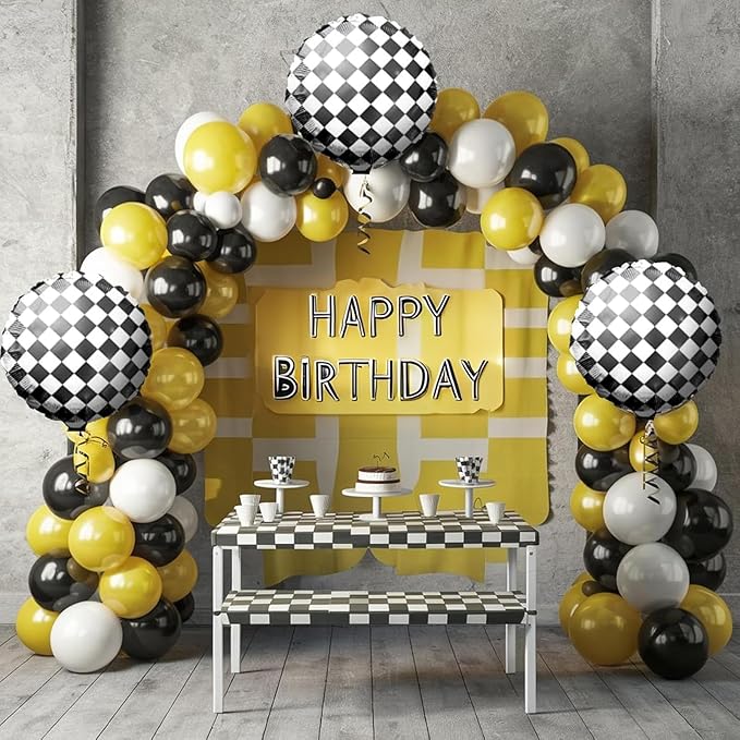 Black White Yellow Balloon Arch Kit,Balloons Garland Kit with Black White Checkered Star Balloons for Boys 1st Birthday Party Decorations