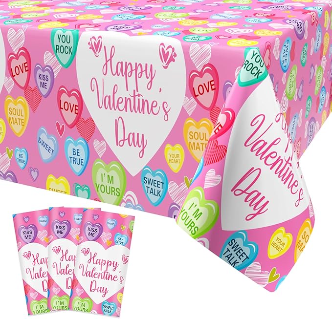 3Pcs Valentines Day Tablecloth, 54 x 108 Inch Conversation Hearts Plastic Table Cover, Pink Heart Tablecloth for Wedding Anniversary, Valentines Day Decorations