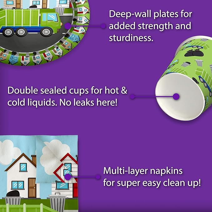Garbage Trash Truck Birthday Party Supplies - Big Truck Birthday Party Supplies Set Includes Plates, Napkins, and Cups | Kit for 16