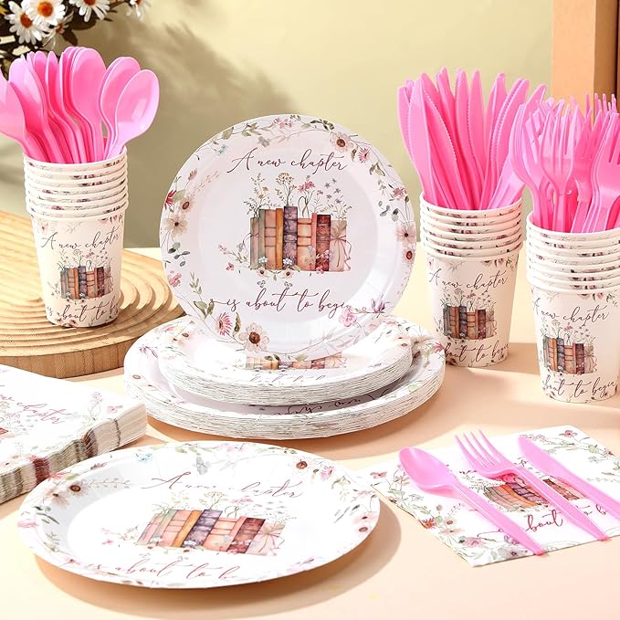 168 Pcs A New Chapter Is About to Begin Baby Shower Tableware Set, Storybook Baby Shower Decorations Floral Bridal 9" 7" Paper Plates Cups Napkins Party Supplies, Book Wildflower Dinnerware