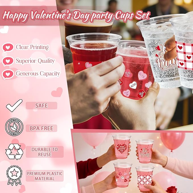 50Pcs Valentine's Day Party Decoration Cups, 12oz Pink Red Valentine's Day Heart Disposable Clear Plastic Cup for Valentines Day Birthday Wedding Drinkware Beverage Drinks Party Decor Supplies