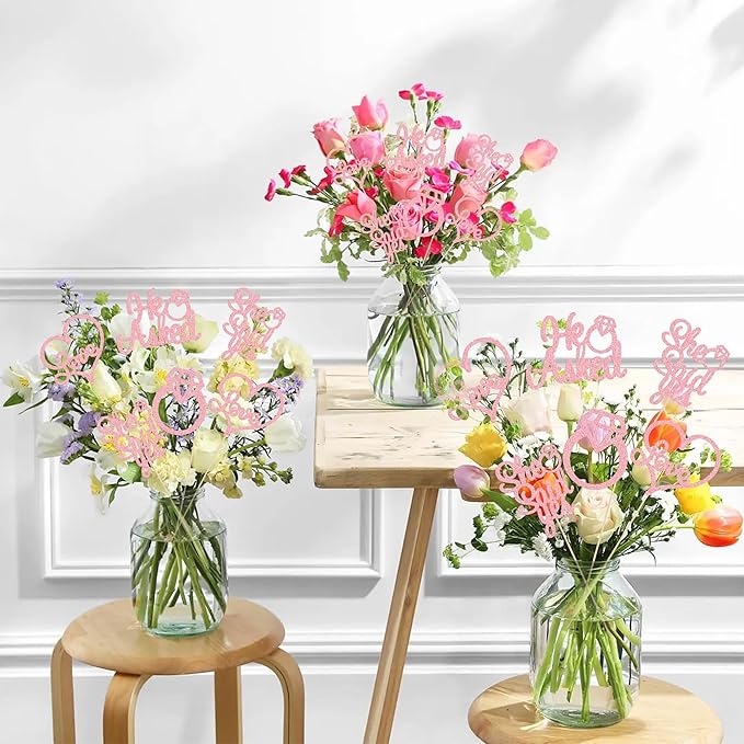 Gyufise 12Pcs Engagement Centerpiece Sticks Double Sided He Asked She Said Yes Diamond Ring Heart Table Centerpiece Sticks for Wedding Bridal Shower Party Supplies Pink