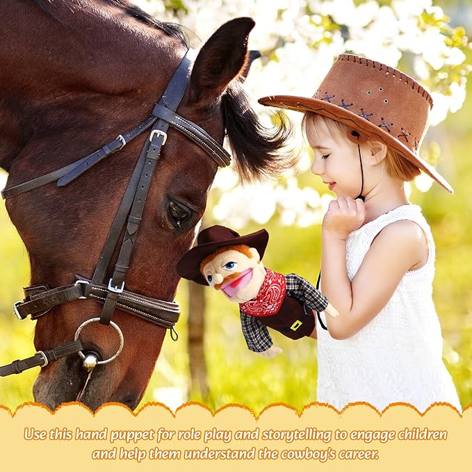 Role Play Hand Puppets Hand Plush Chef Doctor Fireman Pirate Detective Athlete Nurse Worker Hand Puppet Toys Puppets for Kids Storytelling Imaginative Pretend Play Teaching Preschool(Cowboy)
