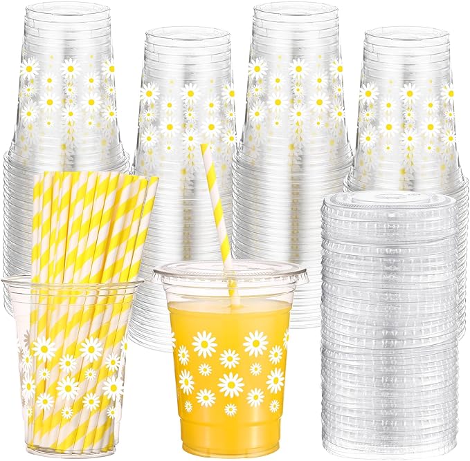 Yungyan 50 Sets Daisy Groovy Plastic Cups with Lids and Straws 16 oz Coffee Juice Drinking Cups for Daisy Party Decoration Summer Birthday Baby Shower Party Supplies