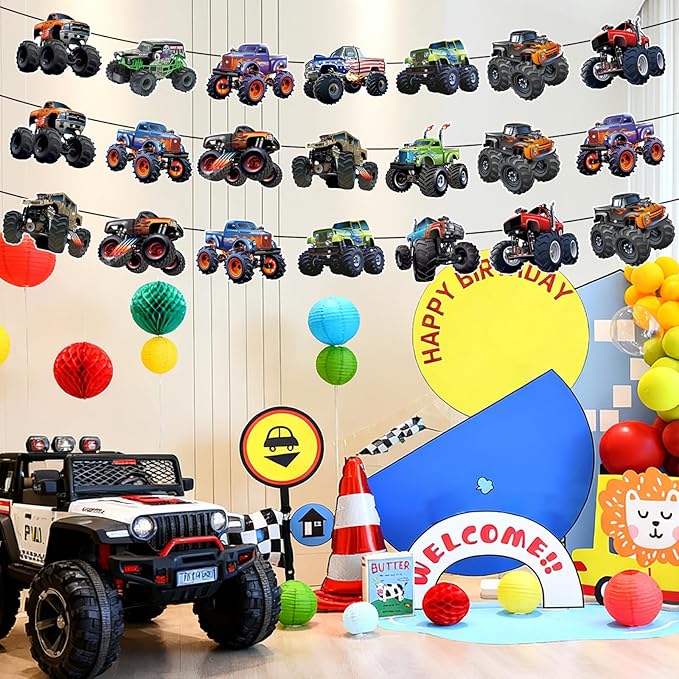 Monster Truck Happy Birthday Banner Truck Car Birthday Decorations Racing Theme Party Decorations Party Decoration Supplies Suitable for Boys Girls Baby Children Decoration