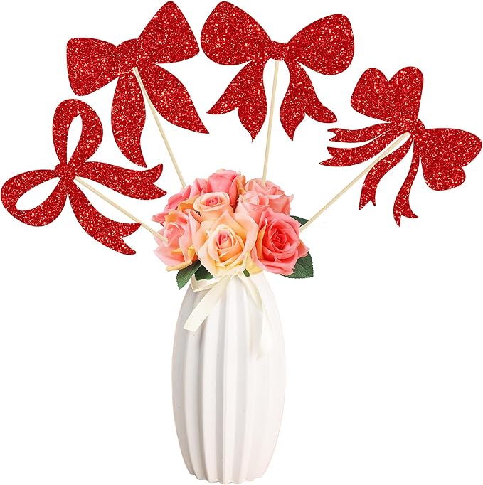 Gyufise 12Pcs Bow Centerpiece Sticks Birthday Bowknot Ribbons Coquette Table Flower Centerpieces Sticks Bow High Footed Party Decorations for Bridal Shower Birthday Wedding Party Supplies Red