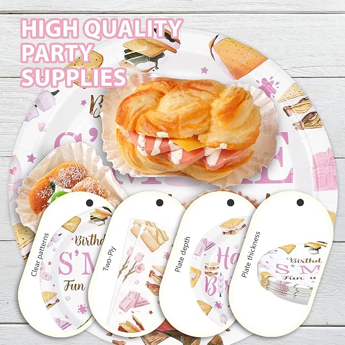 96Pcs S'mores Camping Birthday Decorations Birthdays Are S’more Fun with Friends Plates and Napkins Pink Camping Theme Tableware Set for Girls Camper Campfire Bonfire Birthday Party Supplies Serves 24
