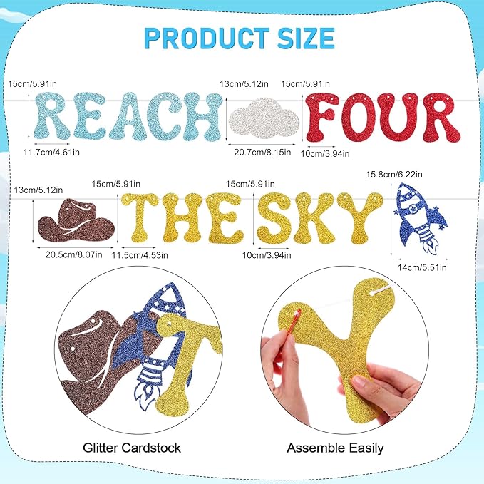 Glitter Reach Four The Sky Banner Cartoon Story 4th Birthday Party Decorations Toy Inspired Game Kids 4th Birthday Banner Party Supplies for Boy