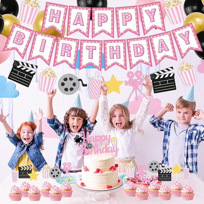 K KUMEED Happy Birthday Decorations,Movie Theme Party Decorations Pink Popcorn Camera Movie Theater Decorations Cute Cake Topper Latex Balloons for Birthday Party Movie Night Party Supplies Girls