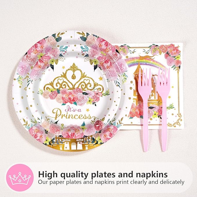Grencian 96Pcs Princess Baby Shower Birthday Party Decorations A Little Princess is on Her Way Paper Plates and Napkins Castle Themed Birthday Tableware for Girls One Year Old Fairytale Party Supplies