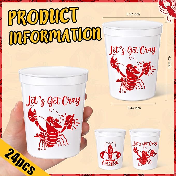 24 Pcs Plastic Crawfish Cups 16 oz Reusable Thick Crawfish Boil Party Supplies White Drinking Cups for Birthday Lobster Seafood Party Decorations Favors Gift