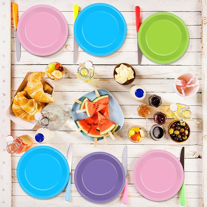 48PCS Monster Birthday Party Paper Plates for Monster Themed Party Supplies 7”Pink Purple Blue Green Cartoon Disposable Dessert Cake Plates for Kids Boys Girls Birthday Decorations
