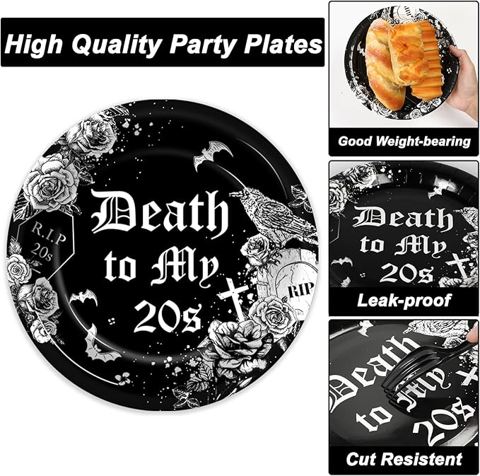 50 Guests 30th Birthday Plates and Napkins Party Supplies Death to My 20s Party Decorations Rip To My 20s Disposable Tableware Set Death To My Twenties Dinnerware Favor for Men Women, 200PCS