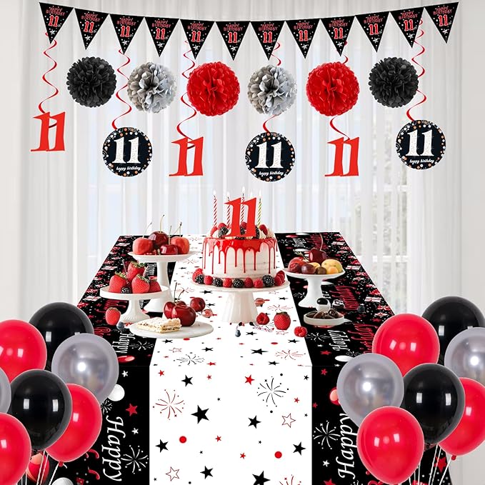 11th Birthday Decorations for Boys Girls Red and Black, Happy 11th Birthday Backdrop Banner, 11 Birthday Party Decoration Tablecloth Balloons Triangle Flag, 11 Year Old Boy Bday Party Supplies