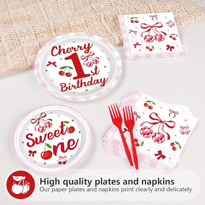 Grencian 96 Pcs Cherry Birthday Party Decorations Plates Set Cherry 1st Birthday Party Plates Fruit Themed Paper Tableware Set for One Year Old Baby Shower Fruit Themed Party Supplies