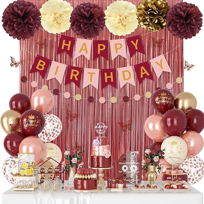 Burgundy Birthday Decorations for Women Girls, Pearl Pink Rose Gold Sand Metallic Printed Balloons Butterfly Stickers Fringe Curtain Happy Birthday Banner Circle Dot Paper Pompom Party Supplies