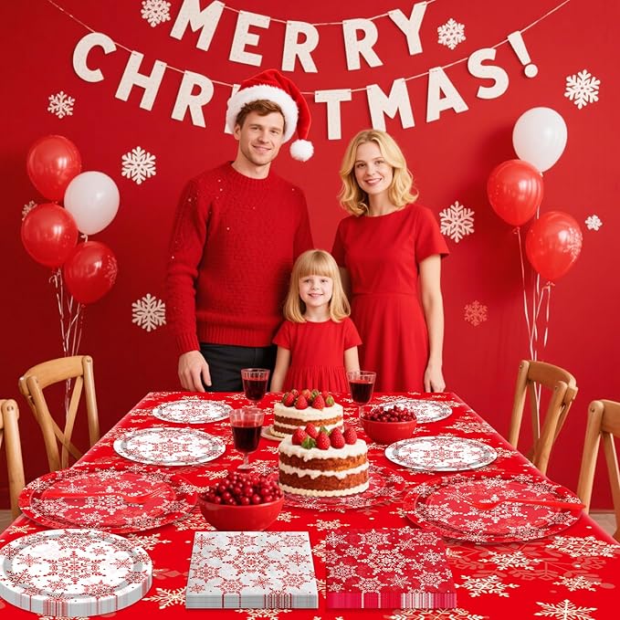 Christmas Snowflakes Plates Set for 20 Guests, Including Red Snowflakes Tablecloth, Napkins, Forks and Plates for Xmas Winter Holiday New Year Party Decorations