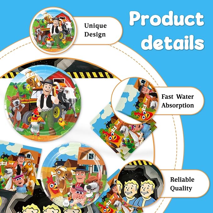 la granja de zenoon Party Supplies 41Pack include 20 plates, 20 napkins 1 tablecloth for birthday party Decoration (Zenoon)