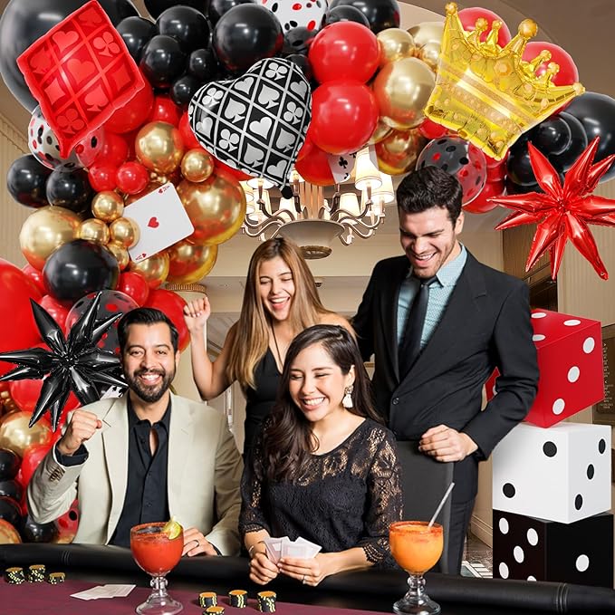 144PCS Dice Favor Boxes Casino Theme Party Decorations , Casino Balloon Arch Garland Kit Red Black Gold Dice Crown Poker Foil Balloons for Poker Las Vegas Game Night Casino Party Supplies