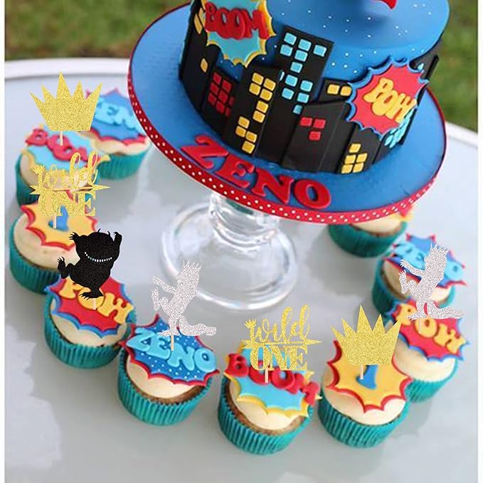 24 PCS Where The Wild Things Are Inspired Cupcake Toppers Glitter Crown Wild One Cupcake Picks Baby Shower Kids 1st Birthday Party Cake Decorations Supplies Colorful