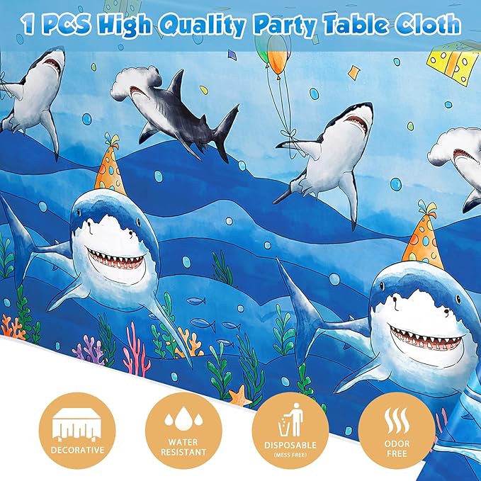 WERNNSAI Shark Birthday Party Decorations - 33 PCS Shark Plates Napkins and Tablecloth Under The Sea Birthday Decorations for Kids Boys Summer Pool Ocean Theme Party Favors Serve 16 Guests