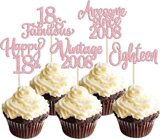 Ephlyn 30Pcs Vintage 2008 Cupcake Toppers Glitter Eighteen Happy 18th Birthday 18 Fabulous Cupcake Picks Cheers to 18 Years for 18th Birthday Wedding Anniversary Party Cake Decorations Supplies Pink