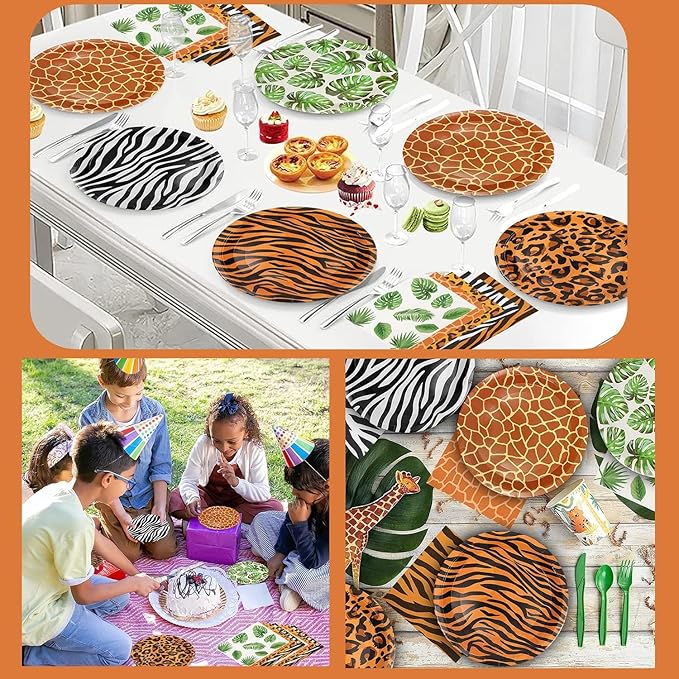 100Pcs Jungle Safari Wild Animal Party Supplies Disposable jungle zoo animal Print Paper Plates and Napkins for Birthday Party, Baby Shower and jungle safari theme party decorations