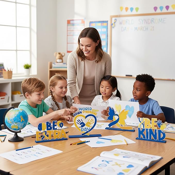 6Pcs Down Syndrome Awareness Wooden Tiered Tray Decoration Centerpieces, Yellow Blue Ribbon Wood Sign Table Topper Decor The Lucky Few Holiday Party Supplies for School Home Office Desk Shelf