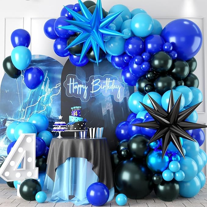 Blue and Black Balloon Arch Kit,Royal Light Blue Metallic Blue Black Balloons with Star Foil Balloon for Kids Boy Blue Birthday Baby Shower Anniversary Graduation Wedding Police Party Decorations