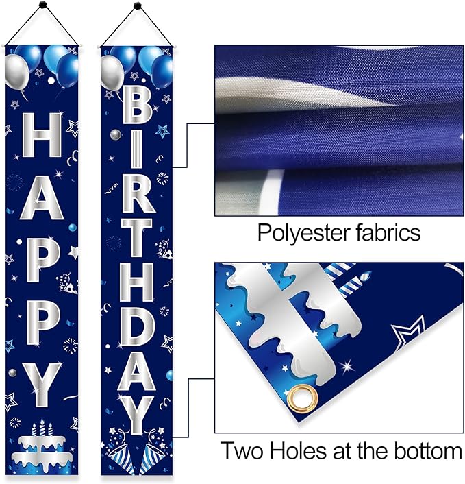 Blue Silver Happy Birthday Door Banner Decorations for Men Boys,Happy Birthday Banner Porch Sign Party Supplies,16th 18th 21st 30th 40th 50th 60th Bday Decoration for Outdoor Indoor