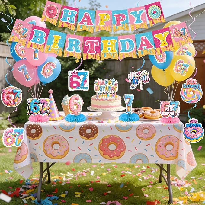 6 7 Birthday Decorations Funny 6 7 Happy Birthday Banner Six Seven Theme Party Supplies Blue Pink Birthday Party Decor for Kids Teens Adults Table centerpiece Decorations