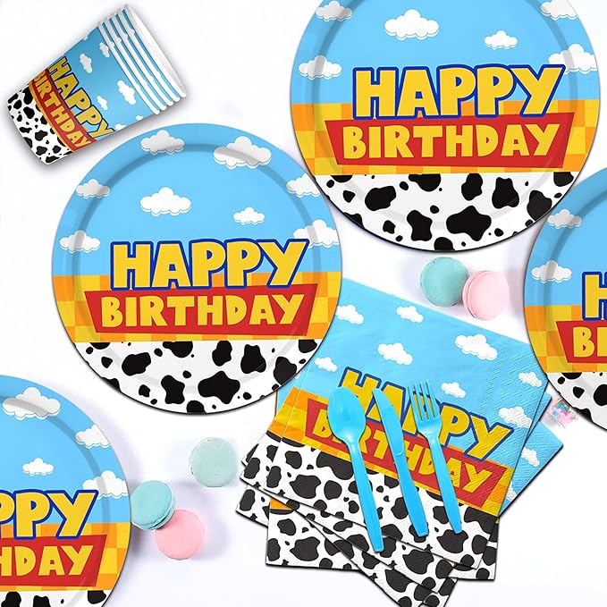 175Pcs Cartoon Birthday Party Supplies Cow Print Birthday Party Decorations Cartoon Plates and Napkins Tableware Set Blue Cloud Cow Print Party Supplies Kids 1st 2nd 3rd 4th Party Decor