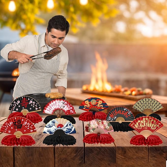 Gameza Hibachi Birthday Party Decorations - 9PCS Japanese Party Decorations Japanese Style Paper Fans Honeycomb Centerpieces Table Decor Asian Baby Shower Wedding Birthday Decor Supplies