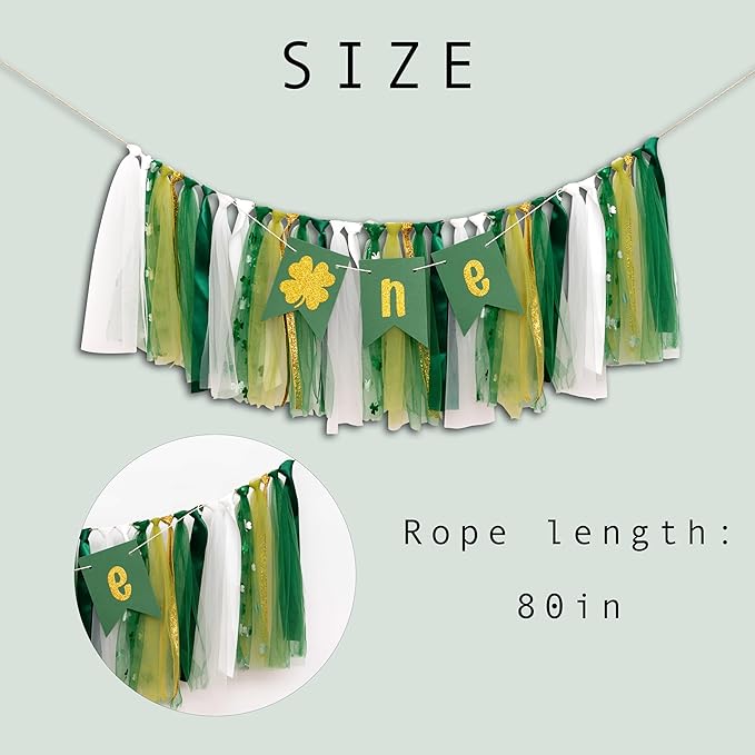 St Patrick's Day Lucky One High Chair Banner - 1st Birthday Party Decoration Supplies Highchair Banner, Lucky Four-Leaf Clover Sign Banner For First Birthday Decoration, Anniversary Milestone Celebration Party Photo Prop
