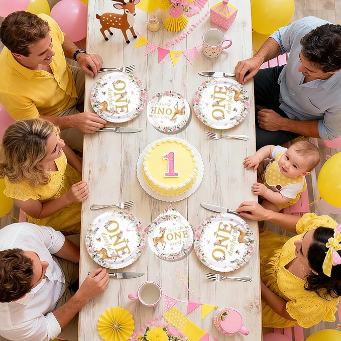 96Pcs Pink Deer Girl 1st Birthday Party Supplies Isn't She Onedeerful Plates and Napkins Pink Floral Deer Tableware Set for One Year Girl Floral 1st Birthday Baby Shower Party Supplies，Serves 24