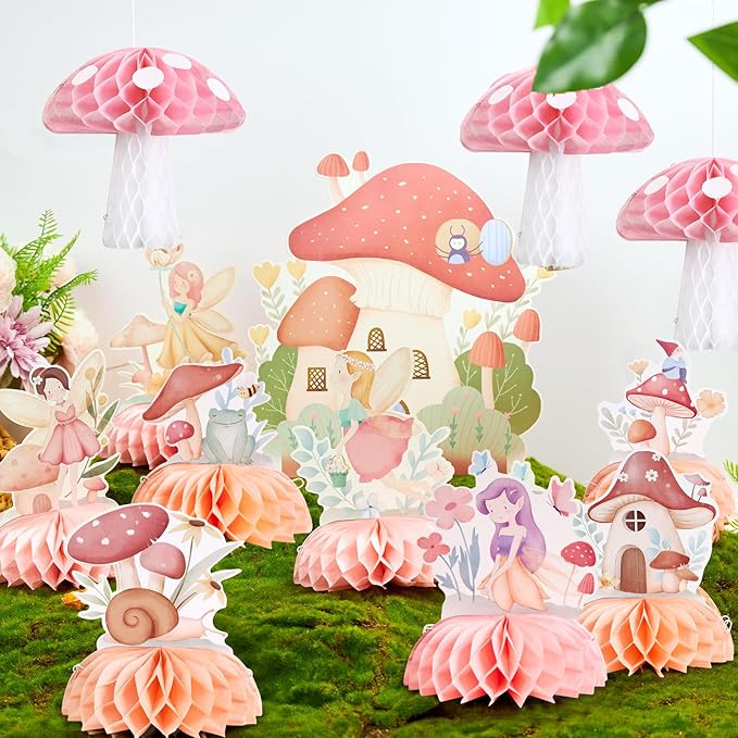 SUNBEAUTY 12 PCS Fairy First Birthday Decoration Fairy Centerpieces for Tables Mushroom Honeycomb Centerpieces Butterfly Flowers Birthday Party Decorations for Spring Garden Baby Shower