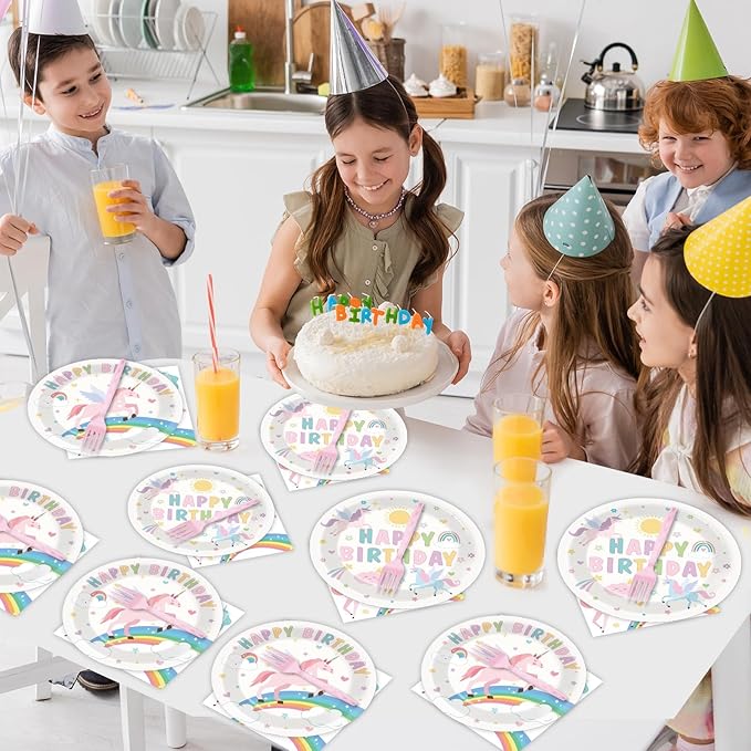 96Pcs Pastel Unicorn Party Supplies Unicorn Paper Plates Napkins Pastel Birthday Tableware Set Rainbow Dinnerware for Girl Birthday Party Decoration Serve 24