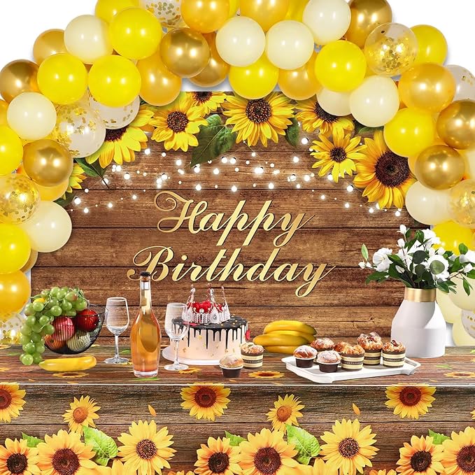 Tiamon 52 Pcs Sunflower Birthday Party Decorations - 50 Gold Yellow Balloons Arch Garlands Kit, 1 Happy Birthday Backdrop Banner, 1 Sunflower Plastic Tablecloths for Wedding Baby Shower Party Supplies