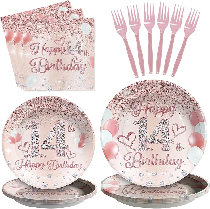 Grencian 96Pcs 14th Birthday Party Supplies Disposable Rose Gold 14 Year Old Birthday Plates Napkins Forks Tableware Set 14th Birthday Decorations for Girls Happy 14th Birthday Fabulous Party Serve 24