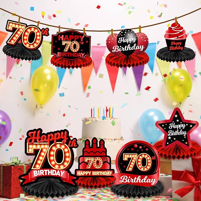 Happy 70th Birthday Red and Black Table Honeycomb Centerpieces Balloons Theme Decor Table Decorations Table Toppers for Girls Women Princess 70 Years Old Birthday Party Bday Supplies Background Gold