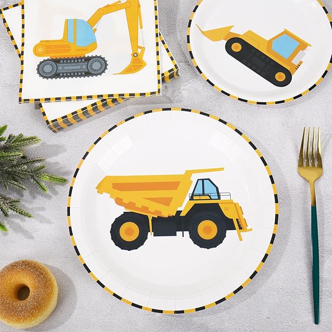 Whaline 96Pcs Construction Party Tableware Dump Truck Paper Plate Napkin Cup Yellow Black Disposable Dinnerware Set for 24 Guests Birthday Party Table Decor